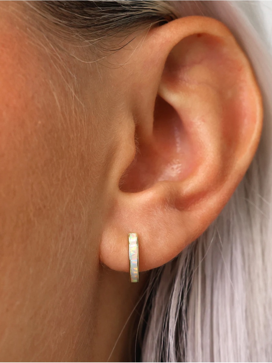 Gold Opal Inlay Huggie Earrings  White Opal